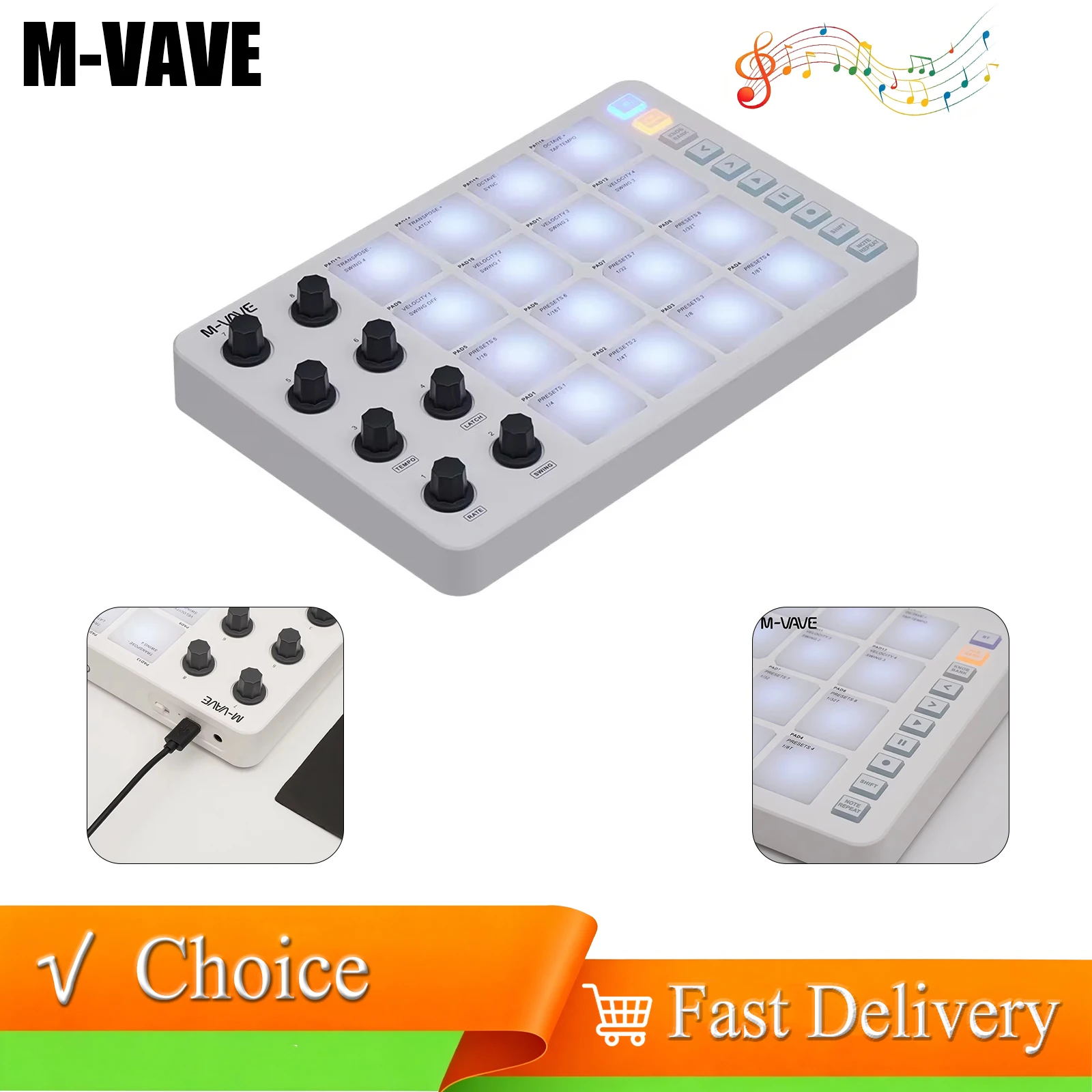 M-VAVE SMC-PAD MIDI Controller Keyboard BT Strike Pads RGB Backlight MIDI Connection Low Latency 3.5mm Output Interface Pad RGB