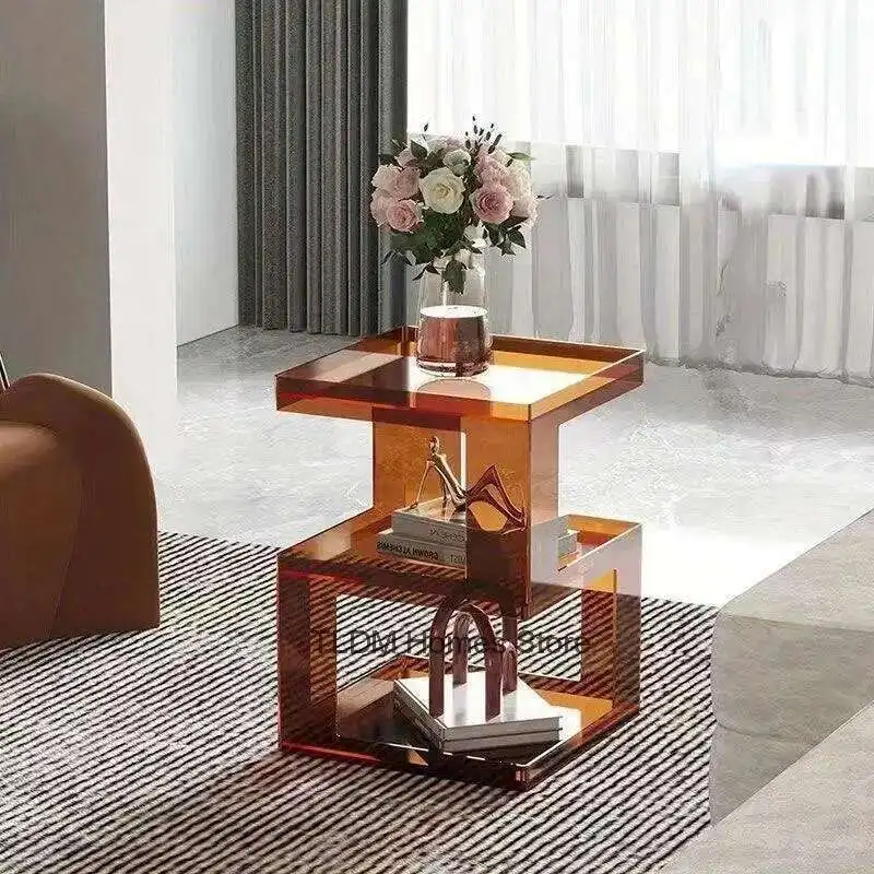 

Acrylic Modern Cubby Side Table Light Luxury Edge Design, Mobile Small Coffee Table for Living Room and Balcony, Sofa Side