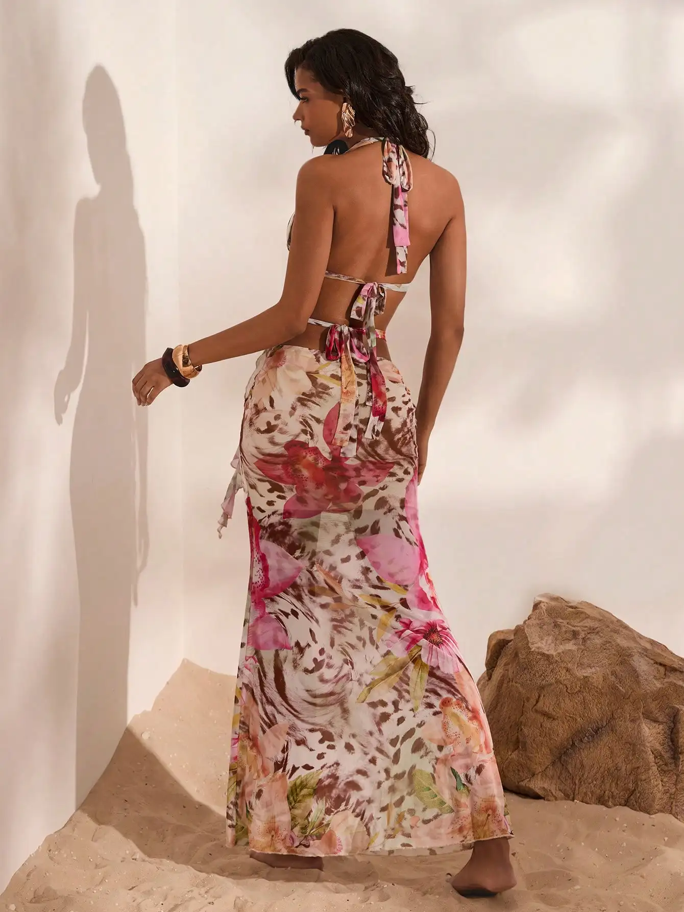 

Женское платье-русалка без рукавов с цветочным принтом, на бретелях, с перекрестными лямками и запахом