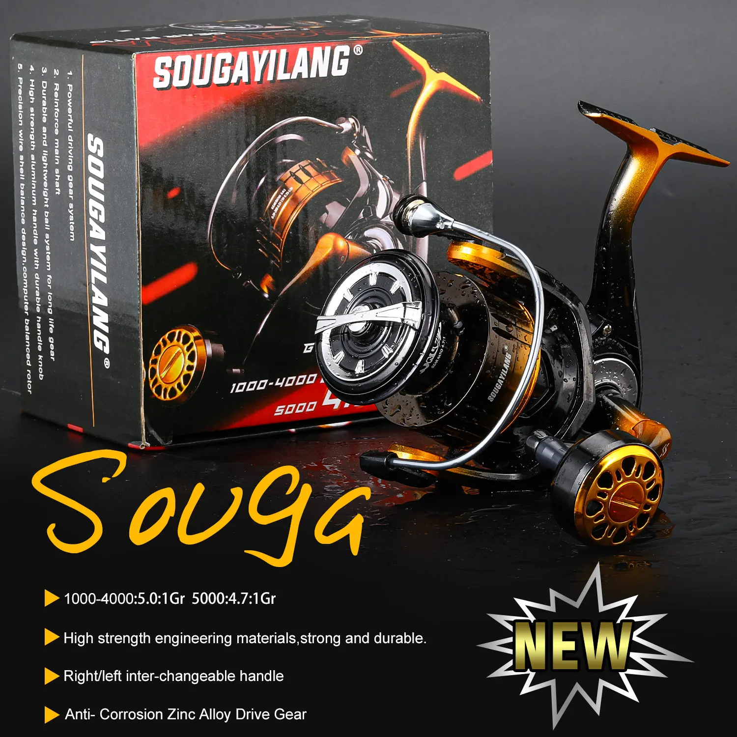 Sougayilang 1000–5000 Spinn-Angelrolle, Spule aus Aluminiumlegierung, max. Zugkraft 10 kg, Spinnrolle, Bassforelle zum Süßwasserangeln