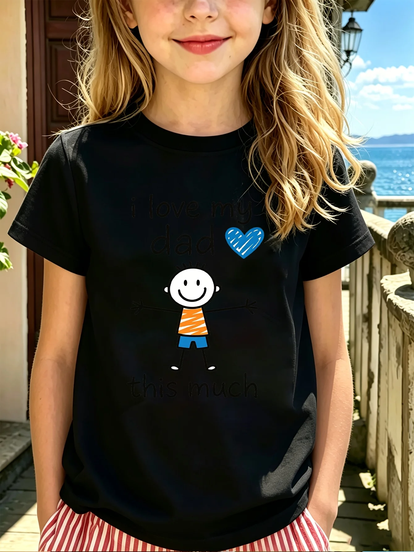 I Love My Dad Kids Tee Stick Figure Letter Graphic Print Boys Girls Family Matching Cotton Short Sleeve Children Tshirt