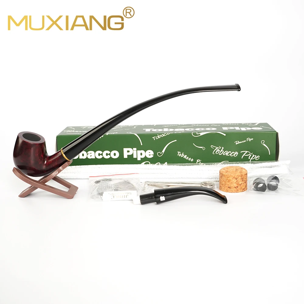 MUXIANG Briar Wood Churchwarden Tobacco Pipe 2 IN 1 Set, Interchangeable Long & Short Mouthpiece With Pipe Cleaning Kit