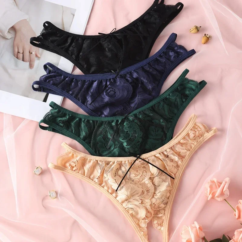 4Pcs Sexy Lace Women's Panties ‌Split Underwear Low Waist Panty Solid Underpants Floral Intimates Female Lingerie S-XXL