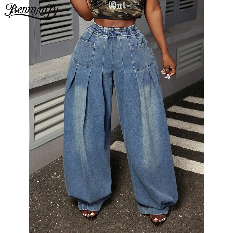 

Benuynffy Plus Size Retro Washed Blue Pleated Wide Leg Jeans Women Spring Summer Elastic Waist Loose Streetwear Y2k Denim Pants