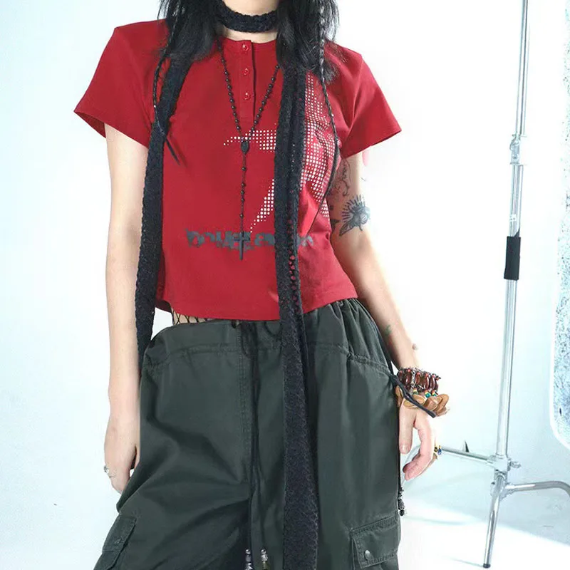 女性用ボタンダウンスタープリントTシャツ,半袖タンクトップ,ショートトップ,カジュアルウェア,夏のストリートウェア,ファッション