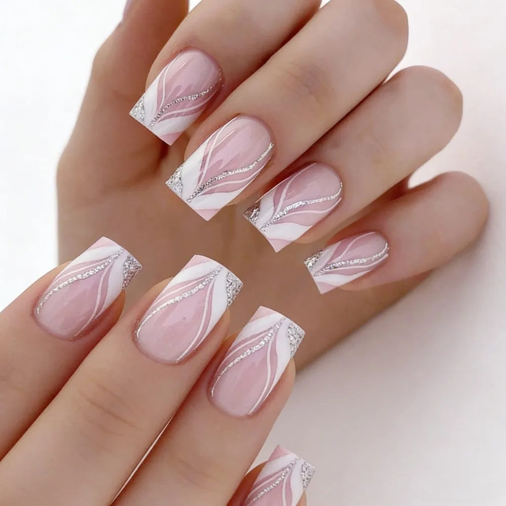 

Glitter Silver Acrylic Short Fake Nail With Glue Press On False Nails Tip For Woman DIY Square Shaped Finger Manicure Accessory