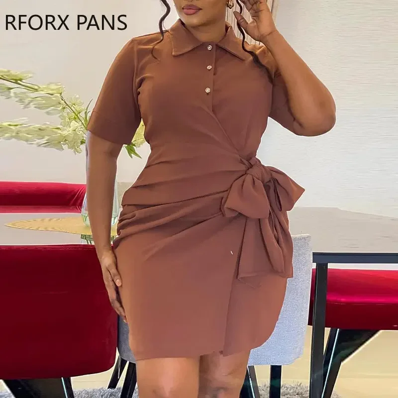 

2023 Plus Size Women Casual Turn Down Neck Short Sleeves Lace Up Mini Shirt Dress