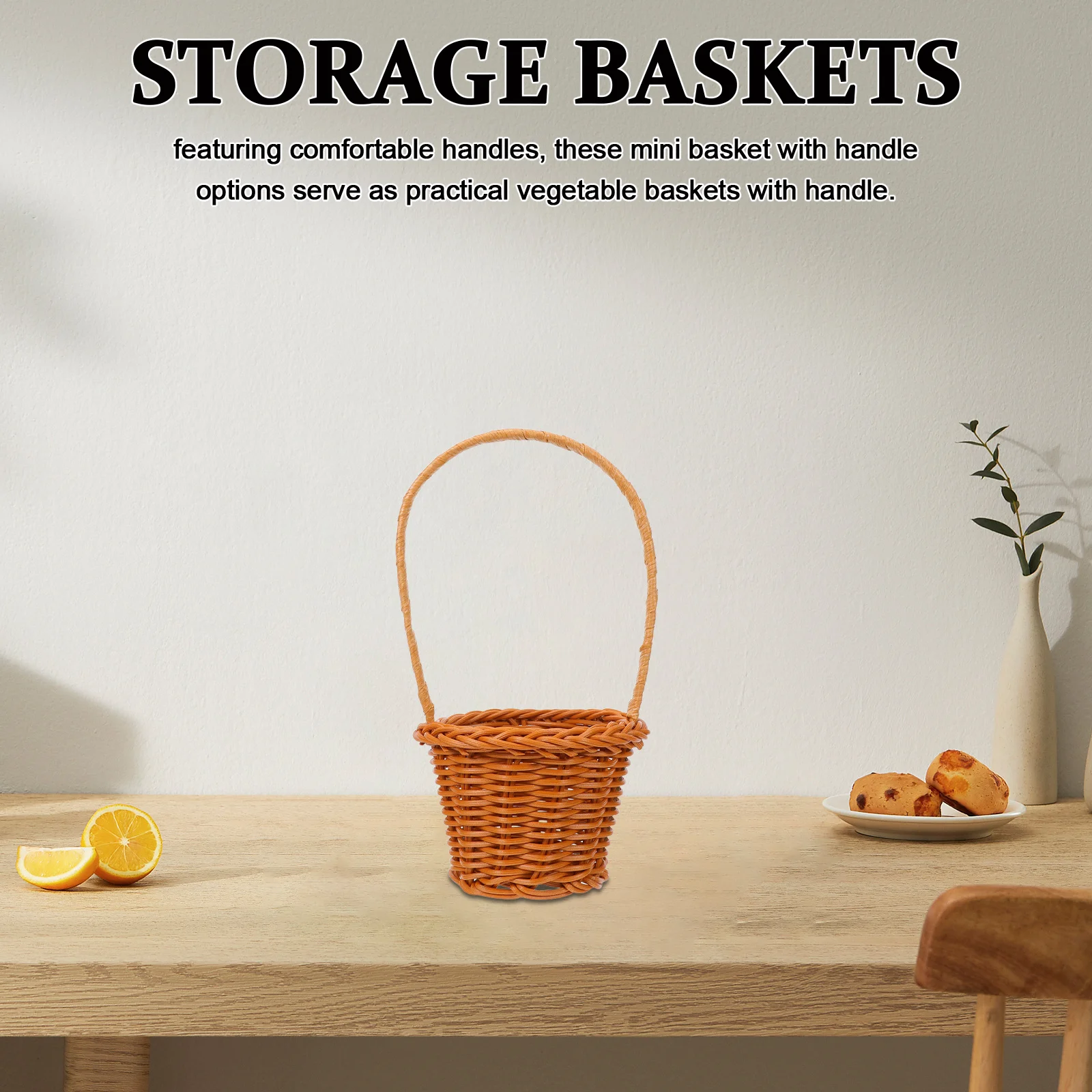 

4pcs Plastic Woven Baskets Mini Imitation Rattan Storage Holders Small Handled Baskets For Kitchen Pantry Organization