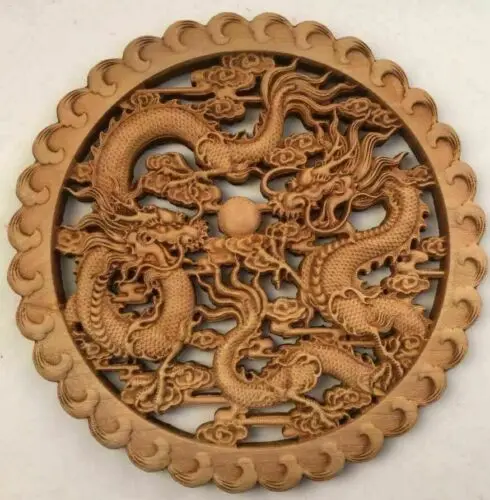 26.5cm Chinese Camphor Wood Hand Carved Dragon Statue Wall Sculpture Plate Decor