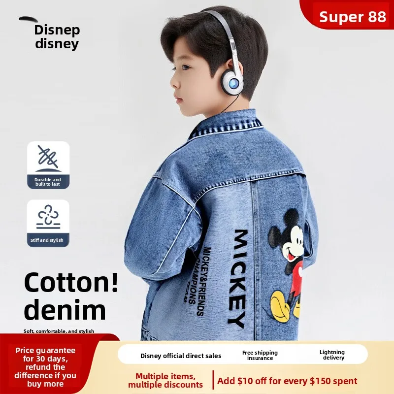 

Disney 2025 Boys' Mickey Denim Jacket - Spring/Fall Notched Collar Coat, Authentic Kids' Denim Jacket for Cool Style