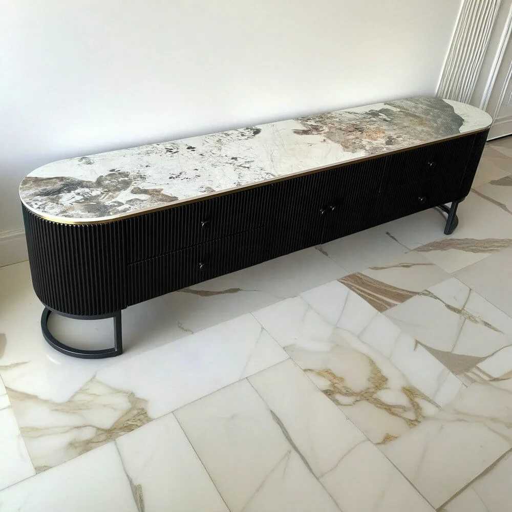 Moderne Wohnzimmermöbel, Steinplatte, schwarz, modischer Couchtisch, Aufbewahrungs-TV-Schrank aus Holz mit goldenem Edelstahl