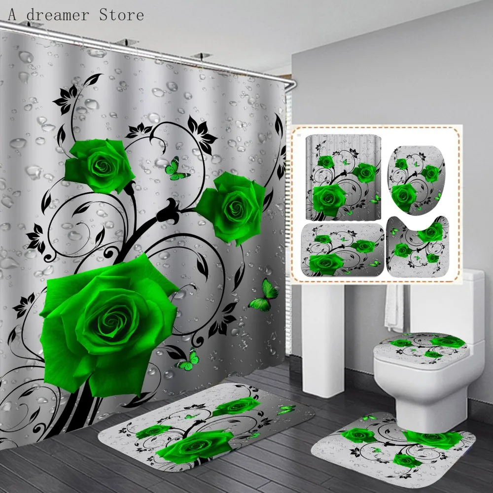 Red Rose Shower Curtain Sets Flowers Valentine's Day Bathroom Decor Curtains Non-Slip Rugs Bath Mat Toilet Lid Cover Carpet