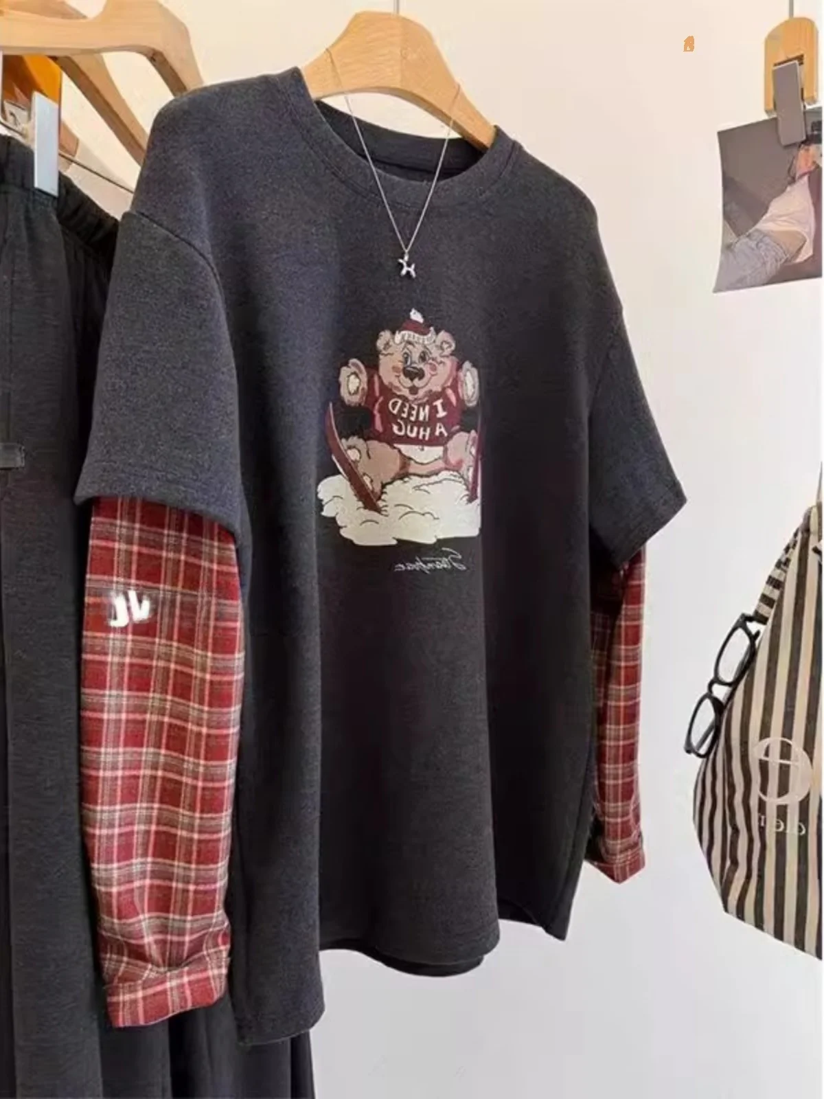 Large Size 300 Pounds Grid Splicing Bear Long Sleeve T-Shirt Women's Autumn Winter Faux Two-Piece Velvet Brushed Top