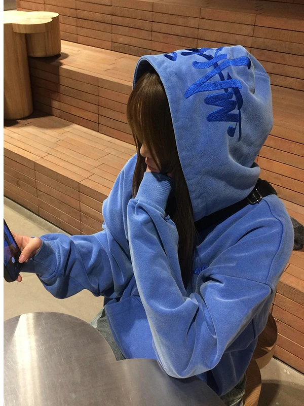 

Retro American Embroidered Letter Blue Hoodie Women Loose Casual Versatile Cotton Long Sleeve Sweatshirt for Teen Girls
