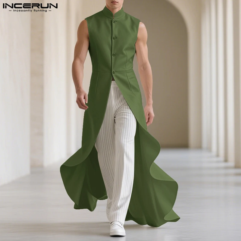

INCERUN Men Long Style Vests Stand Collar Sleeveless Casual Male Waistcoats Elegant Streetwear Solid Irregular Vests Men Dress