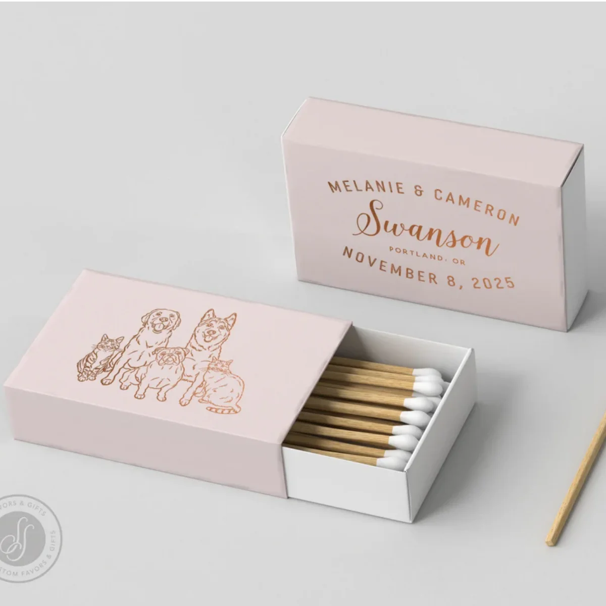 100pcs Foiled Wedding Matchboxes #14 - Custom Pet Illustration, Wedding Matches, Matchbox, Wedding Match Favor, Matches, Candle