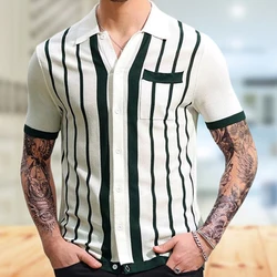 Mens Retro Business Polo Shirt Stripe Pattern Luxury Short Sleeve Casual Knitted Golf Wear 2024 Spring And Summer New Style