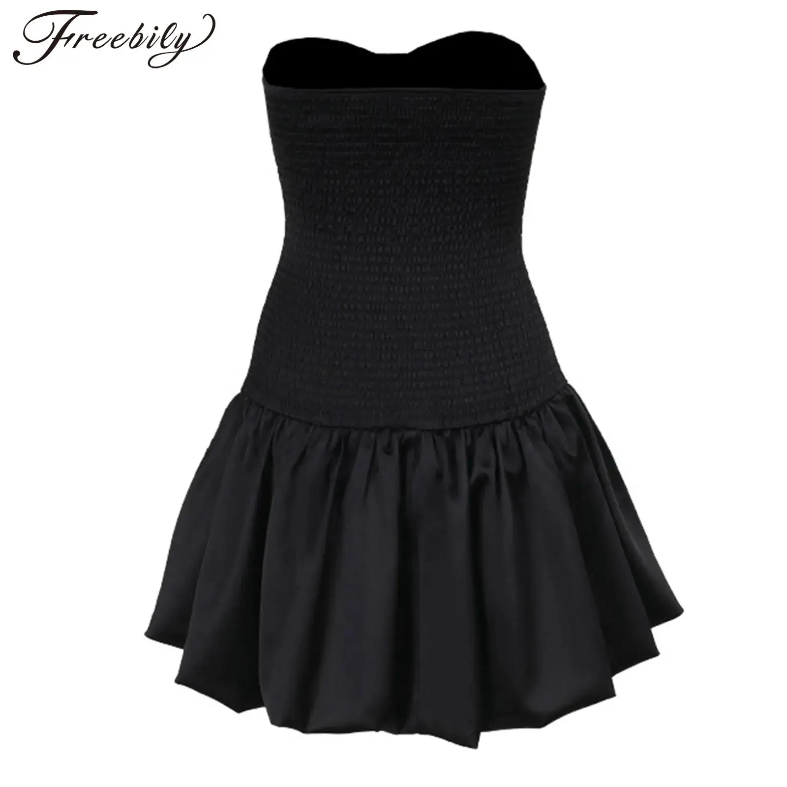 칵테일 가운 여성 댄스 파티 드레스 슬림 스트랩리스 드레스 탄성 주름 퍼프 밑단 미니 드레스 프롬 가운 블랙 드레스