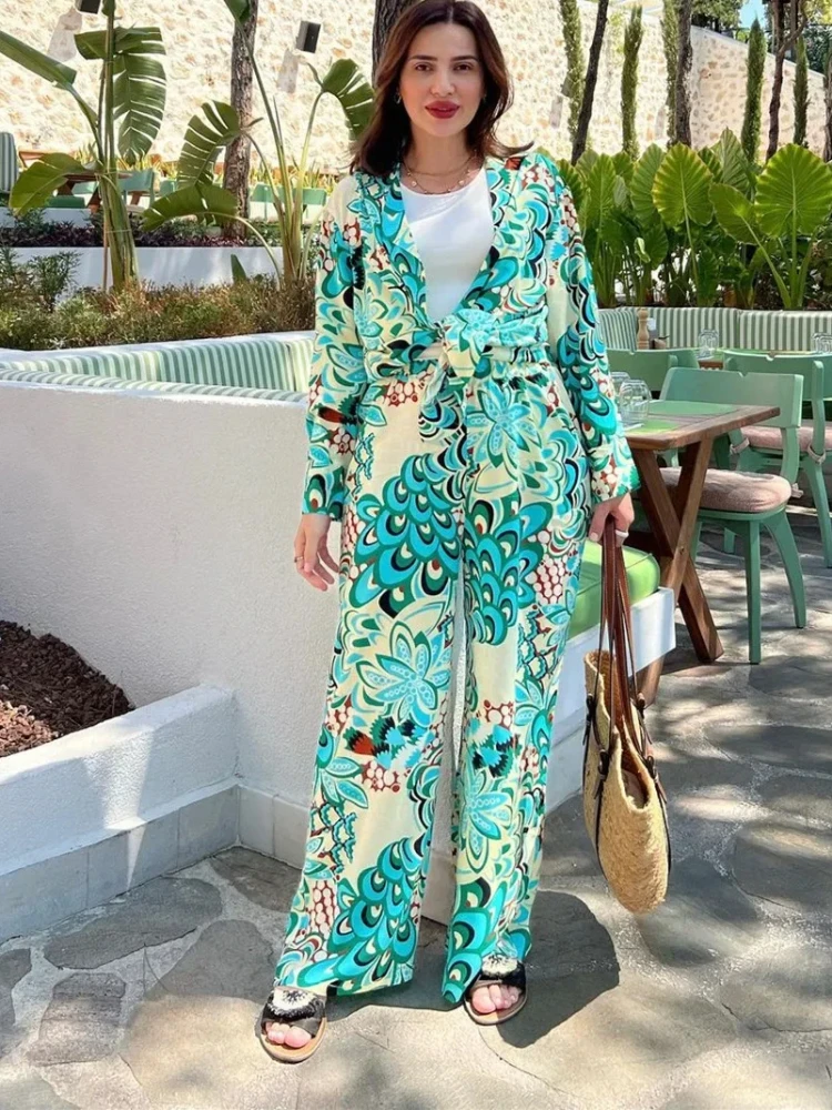 Eid Modest Muslim Two Piece Sets Women Print Shirts & Wide Leg Pants Set Musulman Ensembles Full Sleeve Loose High Waist Long