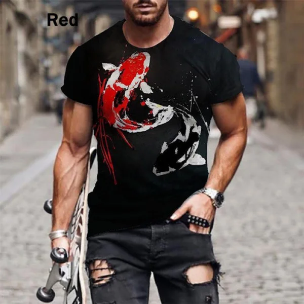 2023 New Fashion Men \'s Personality T Shirt Summer 3D Printed Koi Fish Print Polyester Short Sleeve T-Shirts