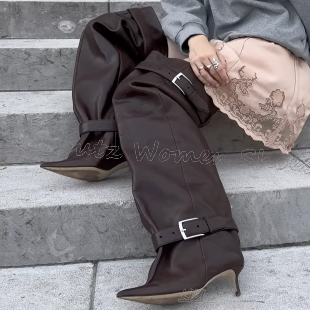 

Boots Over The Knee Belt Buckle Leather Solid Color Fashion Novelty Luxury Elegant Concise Pointy Thin Heels Spicy Girls Shoes