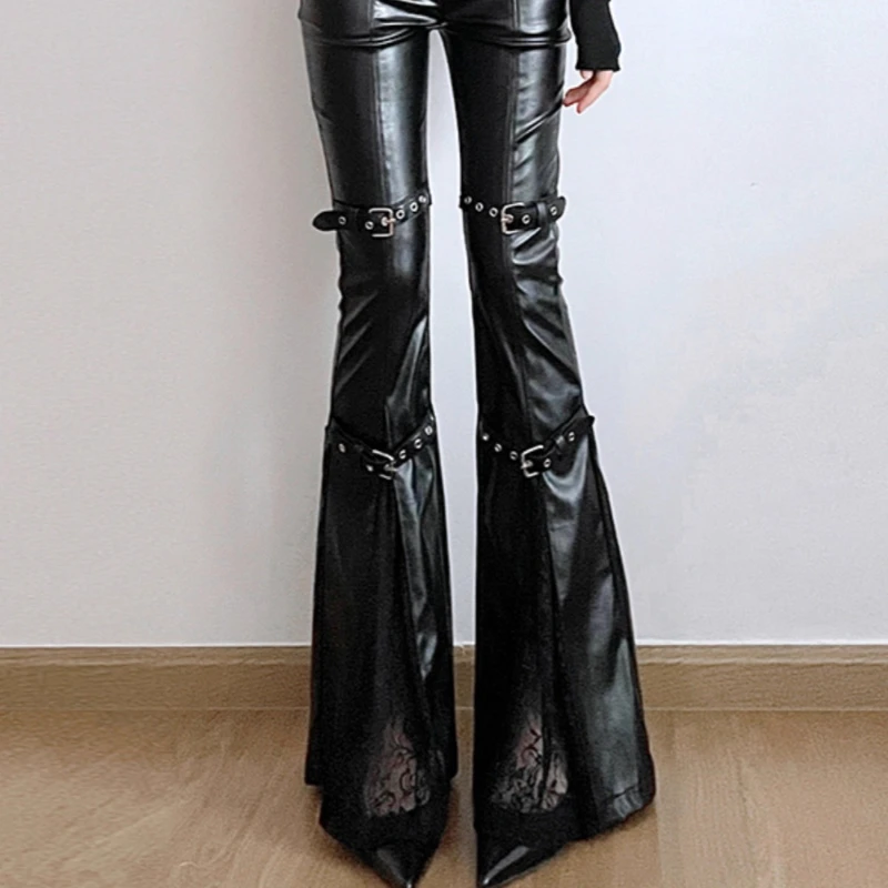 Punk Dark Lace Splicing Slit Women's Bell-bottoms Autumn New Design Black Buckle Strap Sweet Cool Hot Girl Leather Pants Ladies