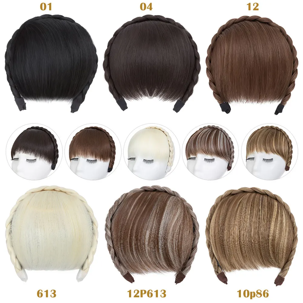 S-noilite Synthetic Headband Bangs Extensions Hair Blunt Fringe Wig Braid Headband For Women Natural Black Brown Blonde Bang