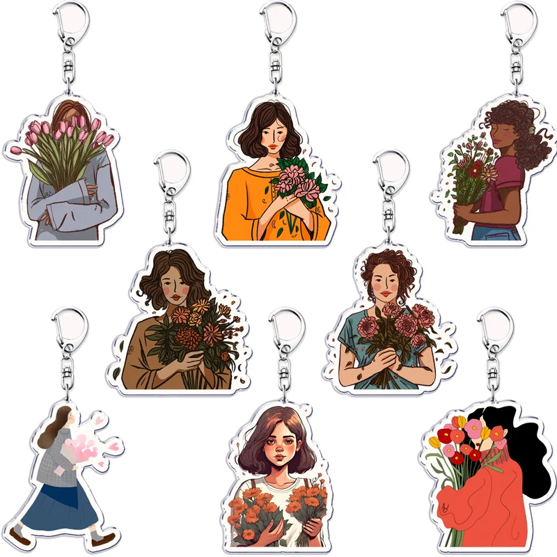 Fashion Spring Woman Holding Flowers Portrait Keychain for Accessories Floral Bouquet Renaissance Keyring Jewelry Fans Gifts