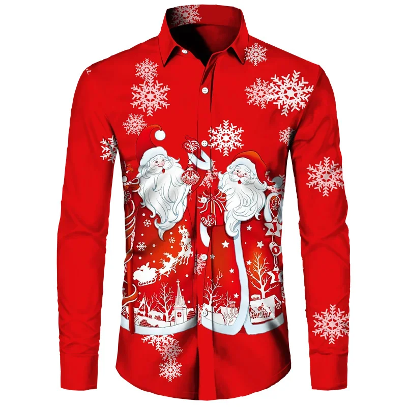 Camicia di natale di capodanno 2024 per uomo camicia con risvolto a maniche lunghe stampata rossa di natale camicia Casual con risvolto con bottoni per feste