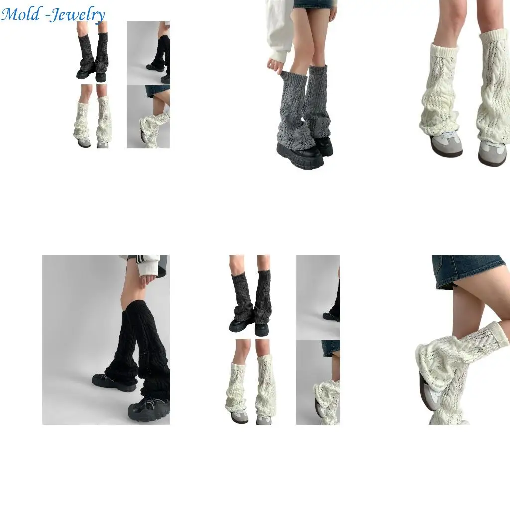 

69HB Women Hollowed Out Hole Knit Leg Warmers Harajuku Flared Long Boot Covers Socks