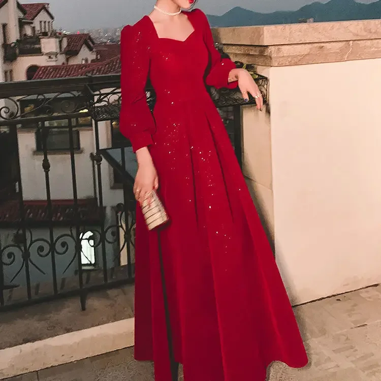 Elegant Red Sequins Midi Dress Women Vintage V-neck Formal Occasions Evening Party Dresses Fashion Chic Design New in Dresses