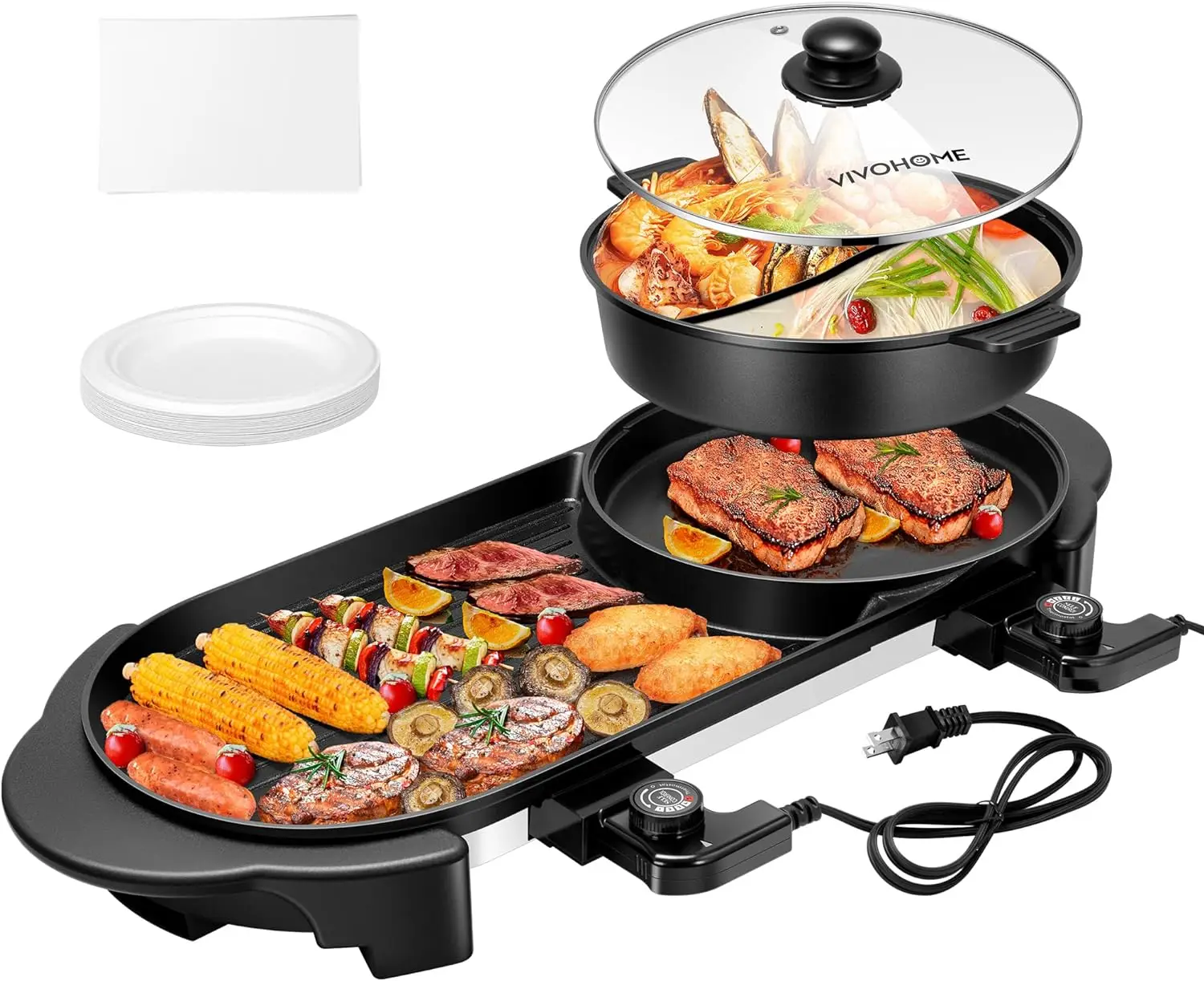 

Separate Temperature Control 2-IN-1 Hotpot BBQ,Removable Shabu-shabu Pot w/Non-stick Baking Pan, for 1-6 People Family Dinning