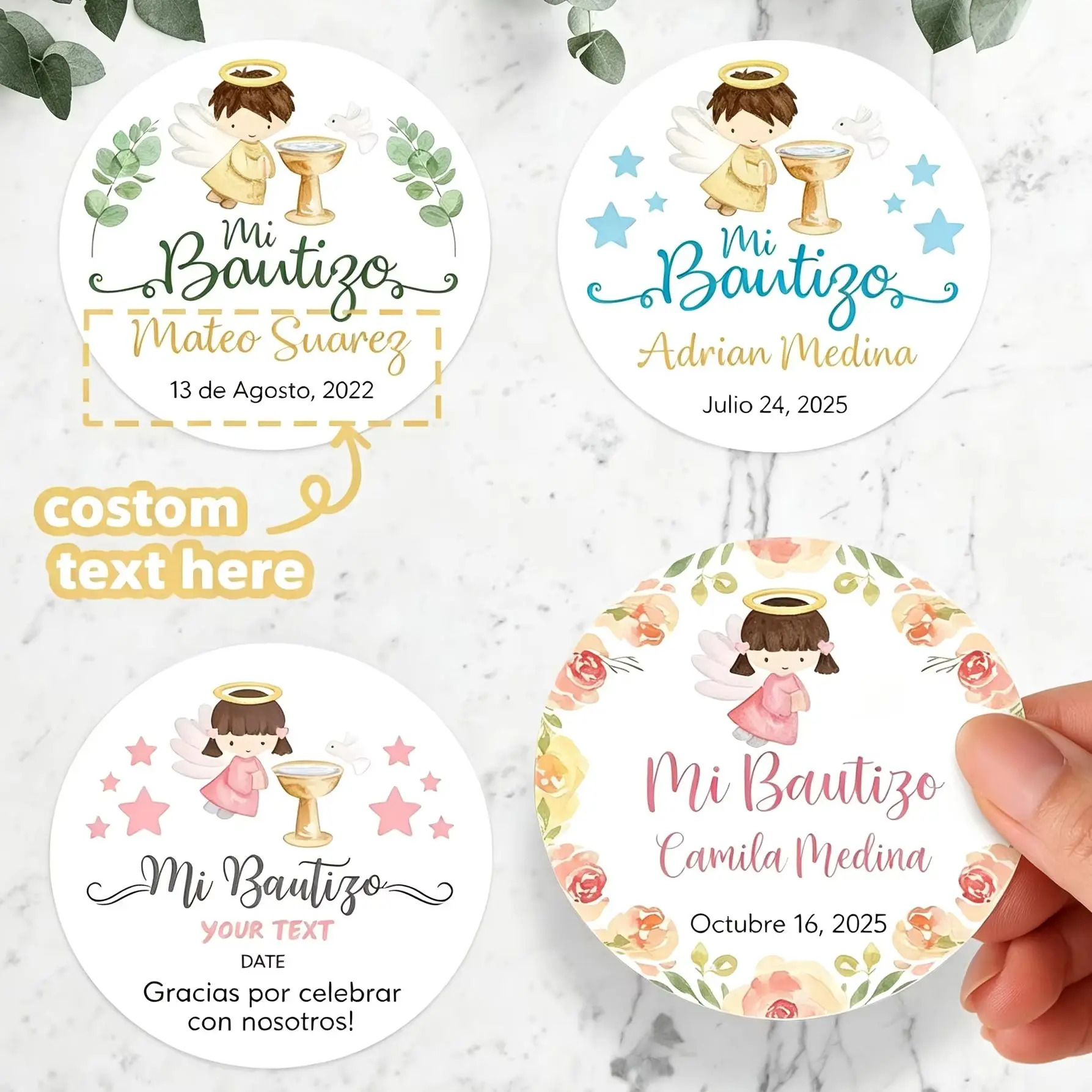 1-100PCS Personalized Mi Bautizo Round Stickers Custom Text Angel Baptism Favor Labels Baby Boy Girl Christening Party Decor
