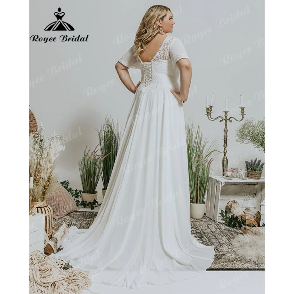 Vinatge Lace Chiffon Boho Plus Size Wedding Dress with Short Sleeve 2024 Bridal Gown for Women Lace Up Back robe de mariée grand