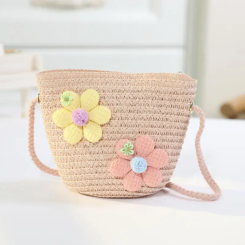 New Straw-woven Girls' Summer Lightweight Children's Cute Small Shoulder Bag Coin Purse And Sweet Beach Small Bag