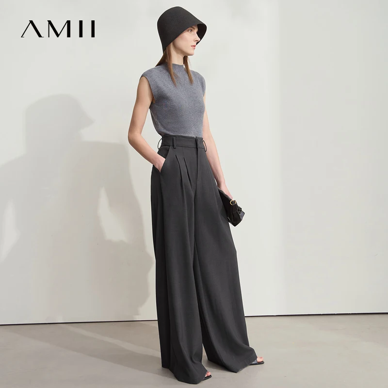 AMII Minimalist Summer Pants for Women 2025 Solid Loose High Waist Casual Trousers Lady New Fashion Straight Pants 12542040
