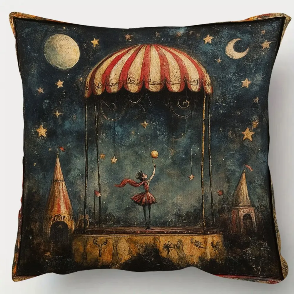 Midnight Circus Tent Pillow Case Double-Sided Vintage Acrobat Decorative Cushion Cover, Retro Home Decor for Sofa Bedroom, 1PC