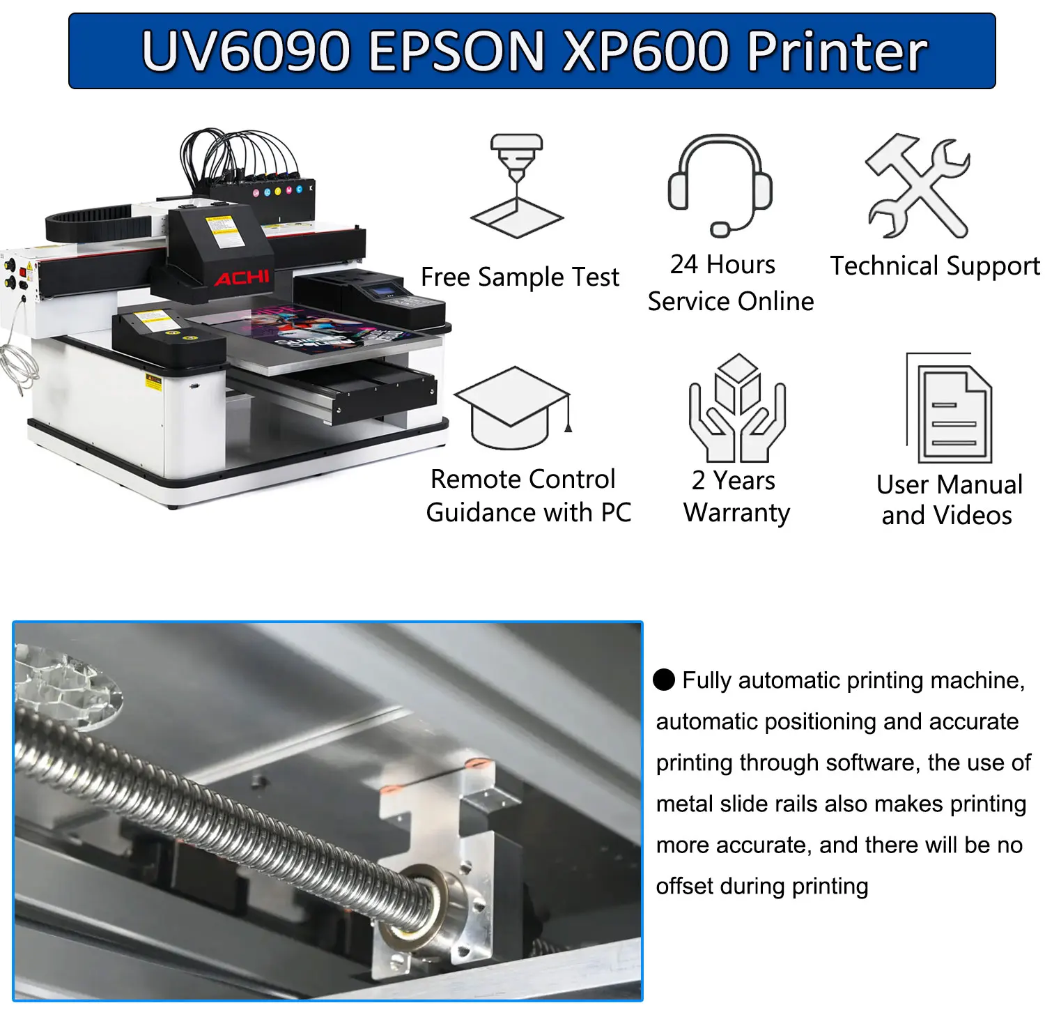 ACHI 6090 UV Printer 3 PCS XP600 Head For Cylindrical 3D Embossed &Vacuum Table+8*500ml ink