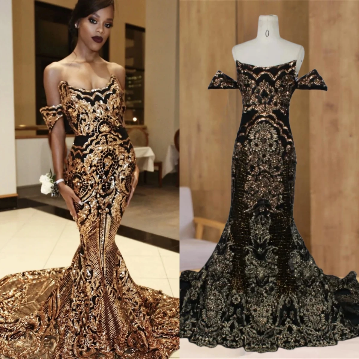 Arabic Golden Lace Mermaid Party Dress Off-The-Shoulder Strapless Evening Gown Court Train Lace Appliques Formal Occasion Dress