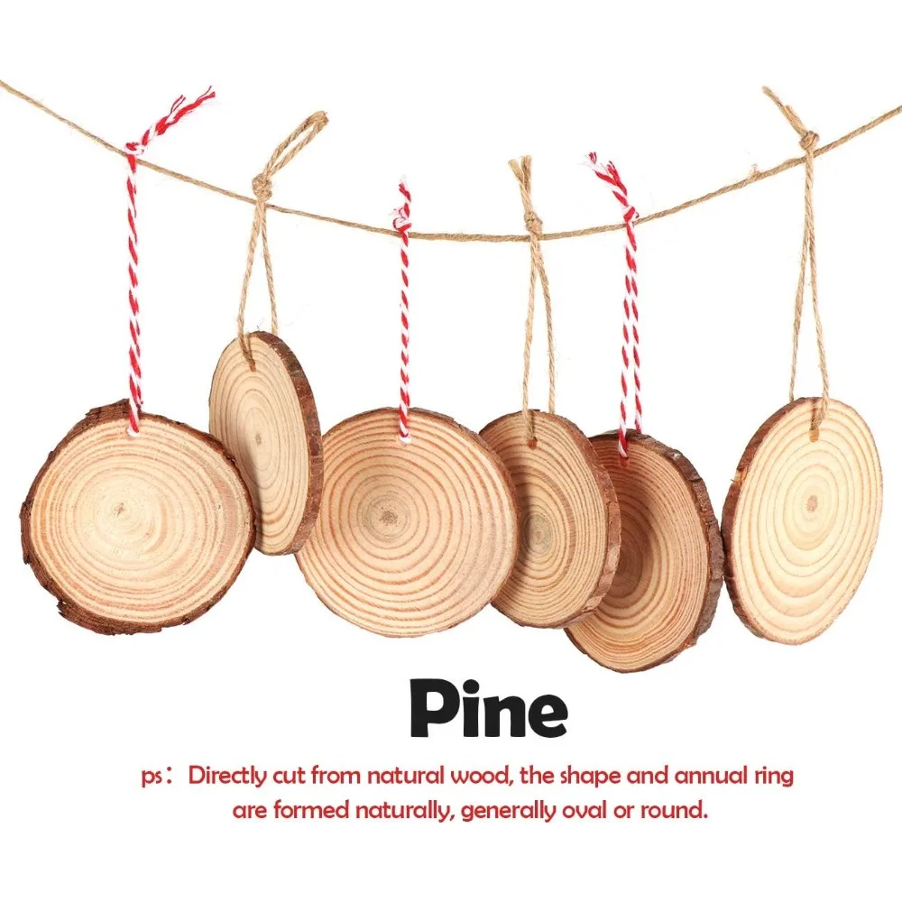 50Pcs Wood Slices 2.4"-2.8" Unfinished Wood Rounds with Pre-drilled Hole and 66Feet Twine String, Natural Wood for Crafts for Ho