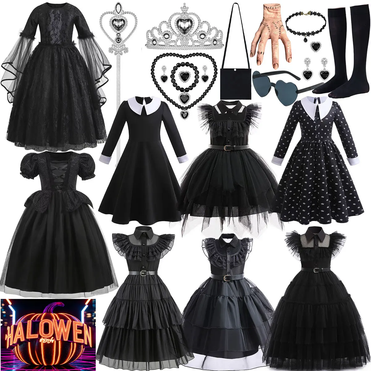 

2025 Halloween Easter Adas Wen. Black Cute Elegant Gothic Fear Dress + Fake hands + Wigs For Girl Carnival Festival Party
