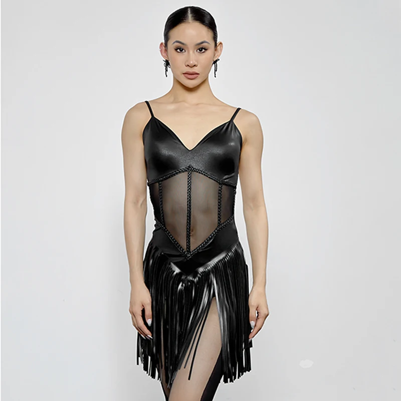 Latin Dance Dress Women Black Leather Tassel V Neck Backless Sexy Competition Clothing Samba Performance Clothes Salsa DNV19302