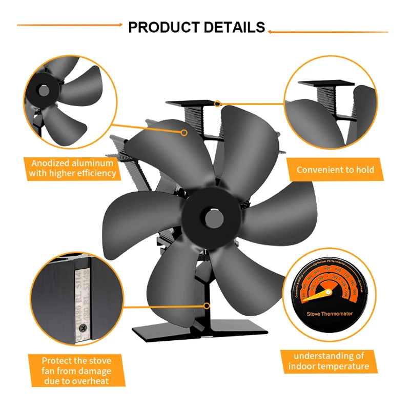 Ventilatore per camino a 6 foglie, distribuzione del calore efficiente per la casa calda invernale Ventilatore per camino invernale Ventilatore per stufa a caldo ecologico silenzioso nero