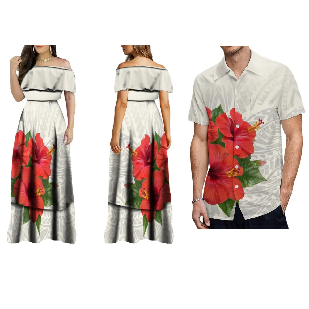 

Custom Banquet Elegant Dress Hawaiian Couple Dress Men'S Shirt Polynesian One-Line Shoulder Ruffled Double-Layer Neckline Dress