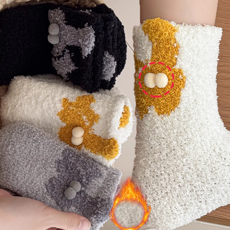 

2025 Autumn and Winter Coral Velvet Couple's Socks Cute Cartoon Egg Cat Home Floor Socks Women's Sleeping Socks Thick Warm Plush