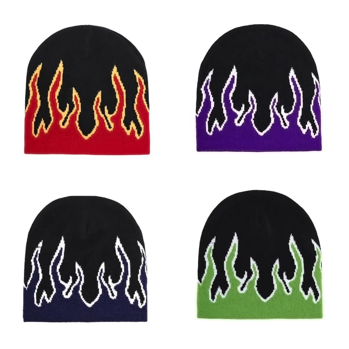 Knitted Hat, Hip-Hop Flame Jacquard Hat, Cross-Border Winter Warm and Cold Hat, Brimless Pullover Hat, Trendy and Cool