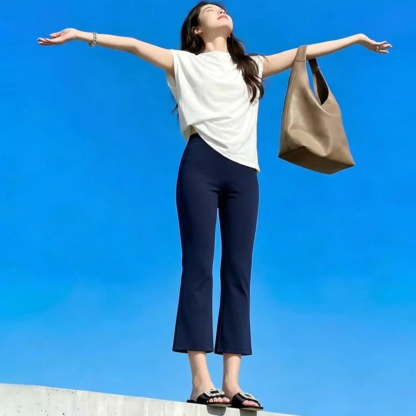 Premium Women High Waist Cropped Flare Pants Tummy Control Slim Soft Elastic Breathable Quick Dry Daily Outdoor Workout Fitness