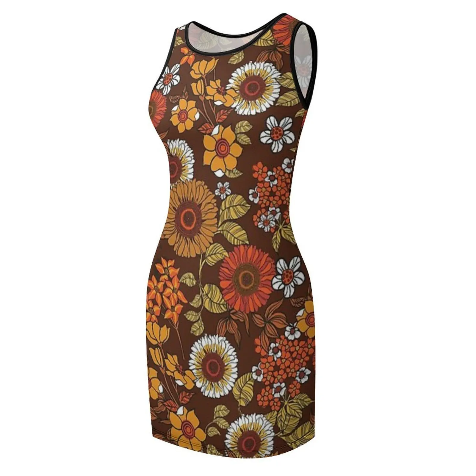 70s vintage boho flowers, orange, browns, hippie, flower power Sleeveless Sundress dresses with long sleeves dresses for prom