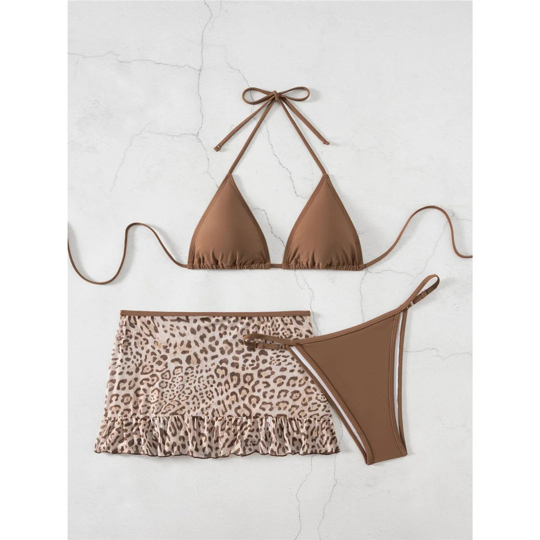Mit Leopardenmuster-Rock, Neckholder-Bikini, Damen-Badeanzug, dreiteiliges Bikini-Set, Badebekleidung, Badeanzug, Schwimmanzug V8325 – Detail 3