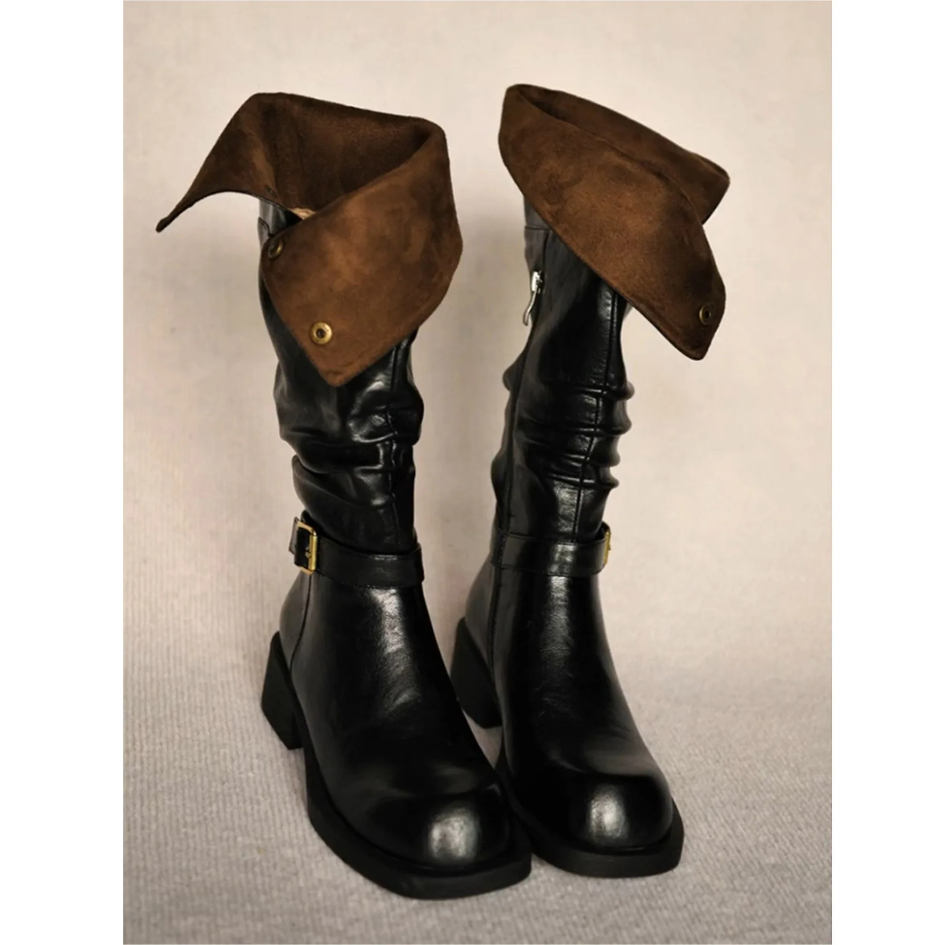 

Women's Retro Western Cowboy Boots Women's Round Head Metal Buckle Two Wear Collar Knight Boots